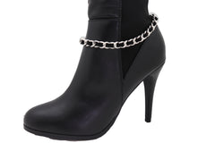 Women Silver Metal Chain Boot Bracelet Shoe Black Fabric Charm Band Anklet Strap Adjustable Size