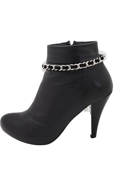Women Silver Metal Chain Boot Bracelet Shoe Black Fabric Charm Band Anklet Strap Fall Winter Season