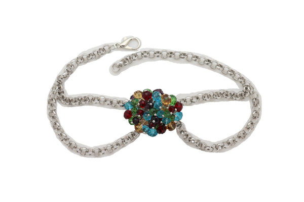 Women Silver Metal Boot Chain Bracelet Shoe Multicolor Beads Charm Wrap Anklet Adjustable Band Size