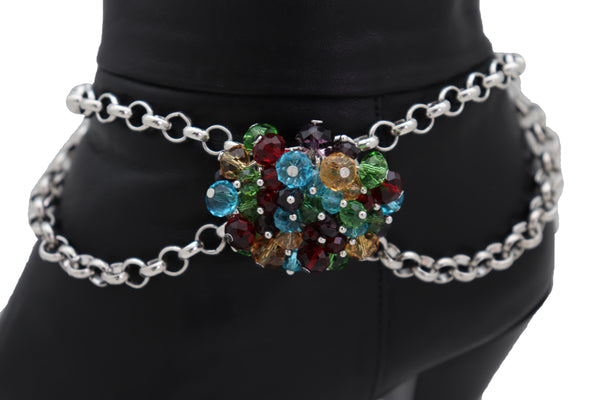 Women Silver Metal Boot Chain Bracelet Shoe Multicolor Beads Charm Wrap Anklet Adjustable Band Size