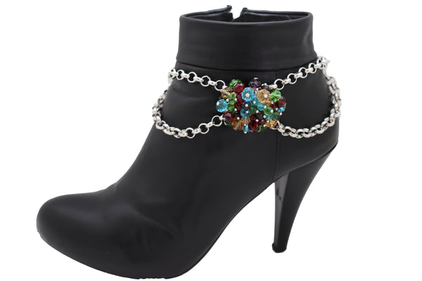 Women Silver Metal Boot Chain Bracelet Shoe Multicolor Beads Charm Wrap Anklet Adjustable Band Size