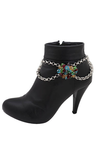 Women Silver Metal Boot Chain Bracelet Shoe Multicolor Beads Charm Wrap Anklet Adjustable Band Size
