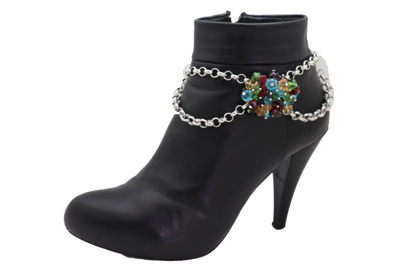 Women Silver Metal Boot Chain Bracelet Shoe Multicolor Beads Charm Wrap Anklet Adjustable Band Size