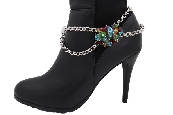 Women Silver Metal Boot Chain Bracelet Shoe Multicolor Beads Charm Wrap Anklet Adjustable Band Size