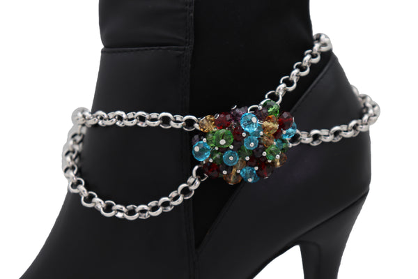 Women Silver Metal Boot Chain Bracelet Shoe Multicolor Beads Charm Wrap Anklet Adjustable Band Size