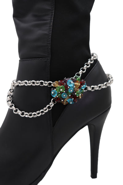 Women Silver Metal Boot Chain Bracelet Shoe Multicolor Beads Charm Wrap Anklet Adjustable Band Size