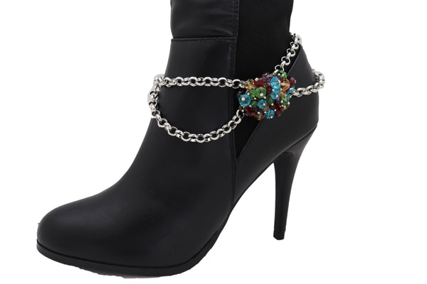 Women Silver Metal Boot Chain Bracelet Shoe Multicolor Beads Charm Wrap Anklet Adjustable Band Size