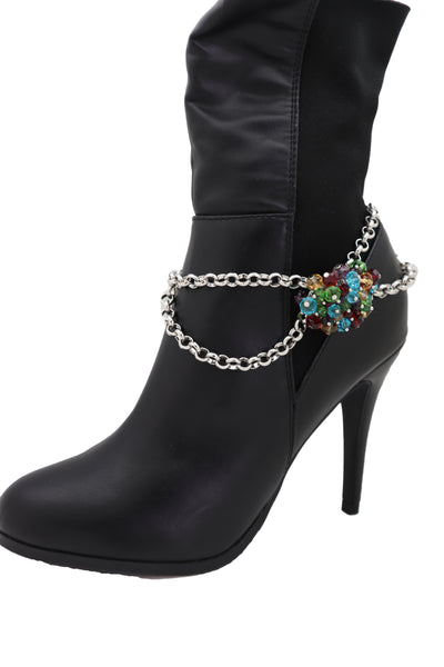 Women Silver Metal Boot Chain Bracelet Shoe Multicolor Beads Charm Wrap Anklet Adjustable Band Size