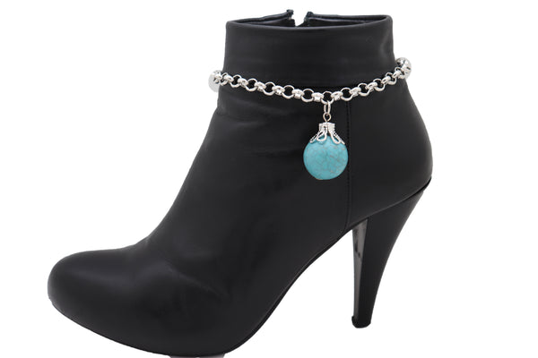 Women Silver Metal Chain Boot Bracelet Anklet Shoe Turquoise Blue Ethnic Charm Bohemian Style