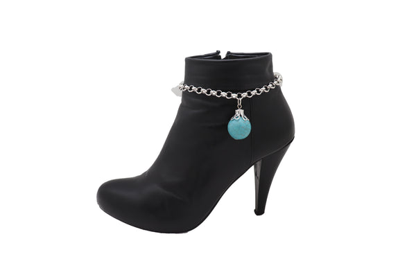 Women Silver Metal Chain Boot Bracelet Anklet Shoe Turquoise Blue Ethnic Charm Bohemian Style
