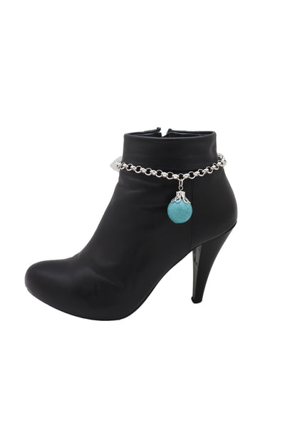 Women Silver Metal Chain Boot Bracelet Anklet Shoe Turquoise Blue Ethnic Charm Bohemian Style