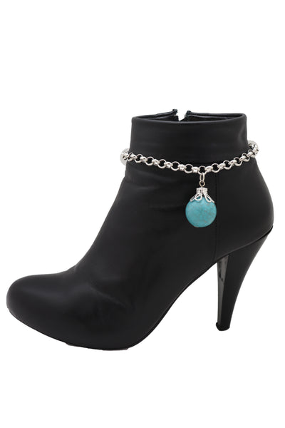 Women Silver Metal Chain Boot Bracelet Anklet Shoe Turquoise Blue Ethnic Charm Bohemian Style