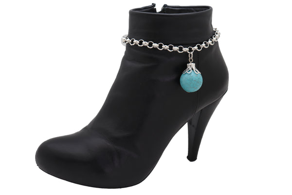 Women Silver Metal Chain Boot Bracelet Anklet Shoe Turquoise Blue Ethnic Charm Bohemian Style