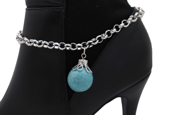 Women Silver Metal Chain Boot Bracelet Anklet Shoe Turquoise Blue Ethnic Charm Bohemian Style