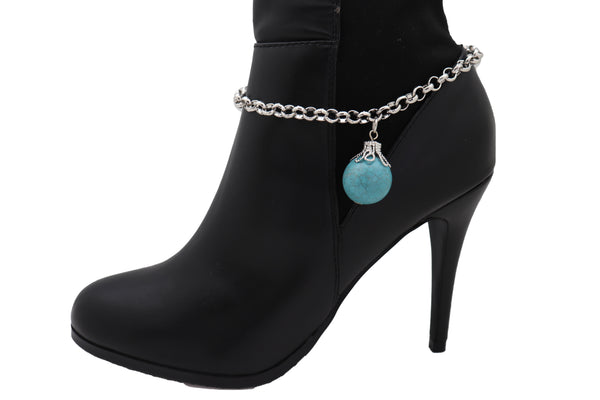 Women Silver Metal Chain Boot Bracelet Anklet Shoe Turquoise Blue Ethnic Charm Bohemian Style
