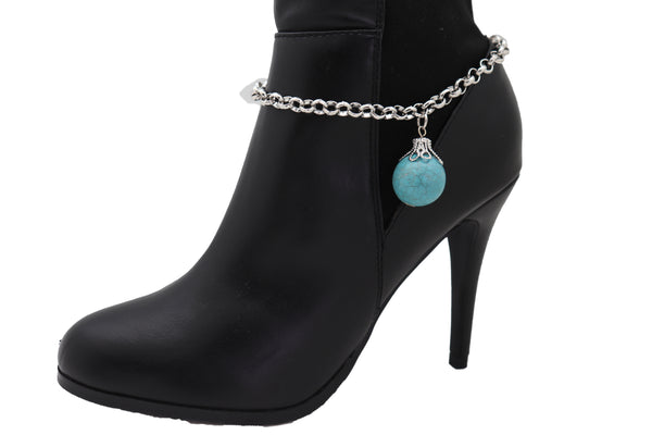 Women Silver Metal Chain Boot Bracelet Anklet Shoe Turquoise Blue Ethnic Charm Bohemian Style