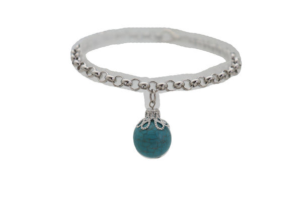 Women Silver Metal Chain Boot Bracelet Anklet Shoe Turquoise Blue Ethnic Charm Bohemian Style