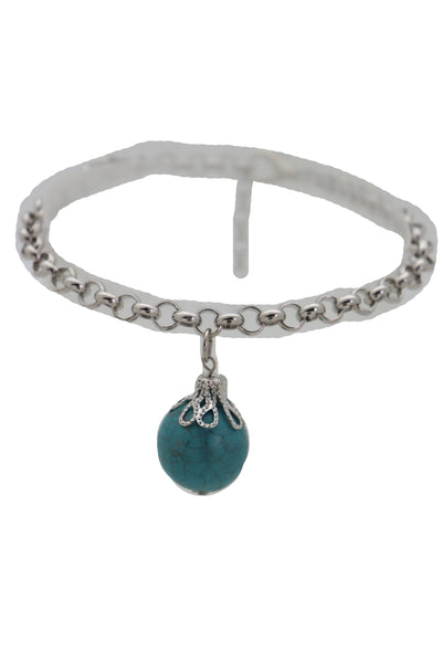 Women Silver Metal Chain Boot Bracelet Anklet Shoe Turquoise Blue Ethnic Charm Bohemian Style