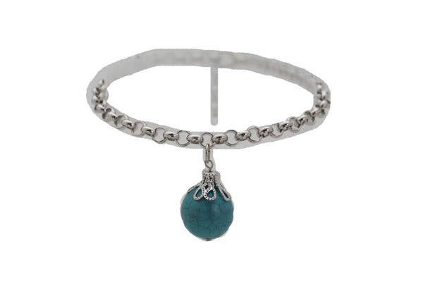 Women Silver Metal Chain Boot Bracelet Anklet Shoe Turquoise Blue Ethnic Charm Bohemian Style