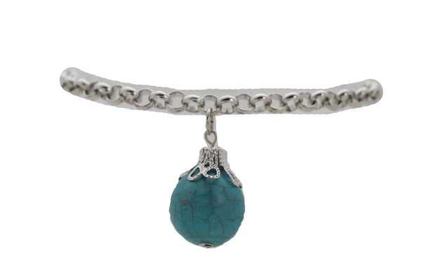 Women Silver Metal Chain Boot Bracelet Anklet Shoe Turquoise Blue Ethnic Charm Bohemian Style