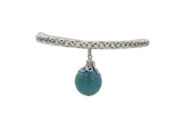 Women Silver Metal Chain Boot Bracelet Anklet Shoe Turquoise Blue Ethnic Charm Bohemian Style