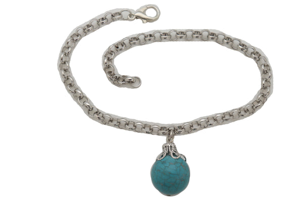 Women Silver Metal Chain Boot Bracelet Anklet Shoe Turquoise Blue Ethnic Charm Bohemian Style
