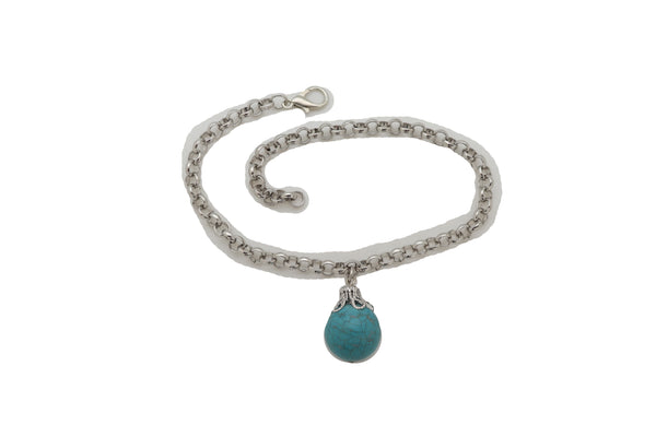 Women Silver Metal Chain Boot Bracelet Anklet Shoe Turquoise Blue Ethnic Charm Bohemian Style