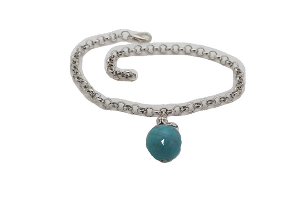 Women Silver Metal Chain Boot Bracelet Anklet Shoe Turquoise Blue Ethnic Charm Bohemian Style