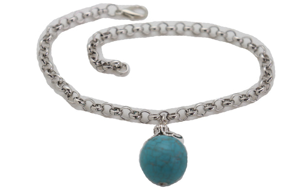 Women Silver Metal Chain Boot Bracelet Anklet Shoe Turquoise Blue Ethnic Charm Bohemian Style