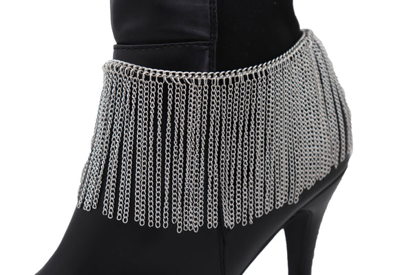 Women Silver Metal Chain Boot Bracelet Shoe Long Tassel Fringes Charm Anklet One Size Adjustable