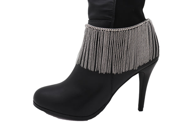 Women Silver Metal Chain Boot Bracelet Shoe Long Tassel Fringes Charm Anklet One Size Adjustable
