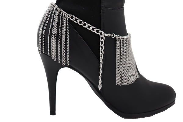 Women Silver Metal Chain Boot Bracelet Shoe Long Tassel Fringes Charm Anklet One Size Adjustable