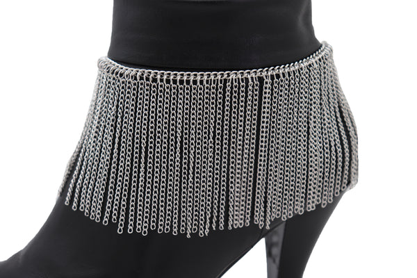 Women Silver Metal Chain Boot Bracelet Shoe Long Tassel Fringes Charm Anklet One Size Adjustable