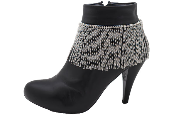 Women Silver Metal Chain Boot Bracelet Shoe Long Tassel Fringes Charm Anklet One Size Adjustable