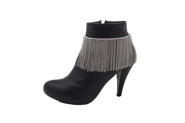 Women Silver Metal Chain Boot Bracelet Shoe Long Tassel Fringes Charm Anklet One Size Adjustable