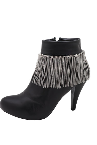 Women Silver Metal Chain Boot Bracelet Shoe Long Tassel Fringes Charm Anklet One Size Adjustable