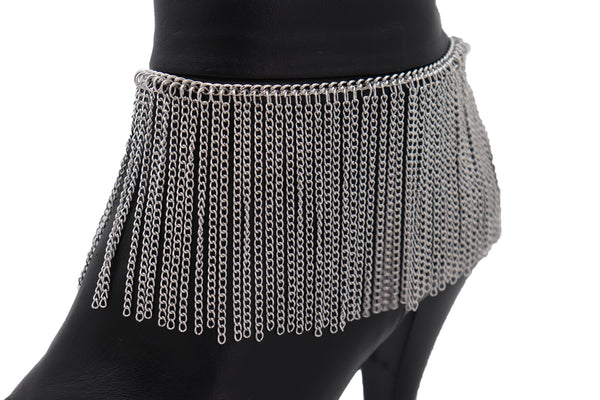 Women Silver Metal Chain Boot Bracelet Shoe Long Tassel Fringes Charm Anklet One Size Adjustable