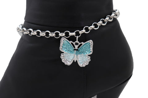 Brand New Women Silver Metal Chain Boot Bracelet Shoe Charm Jewelry Blue Butterfly Freedom