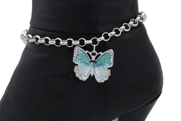 Women Silver Metal Chain Boot Bracelet Shoe Charm Jewelry Blue Butterfly Freedom Cocktail Party