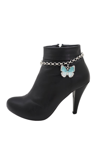 Brand New Women Silver Metal Chain Boot Bracelet Shoe Charm Jewelry Blue Butterfly Freedom