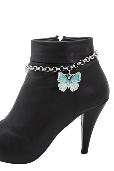 Brand New Women Silver Metal Chain Boot Bracelet Shoe Charm Jewelry Blue Butterfly Freedom