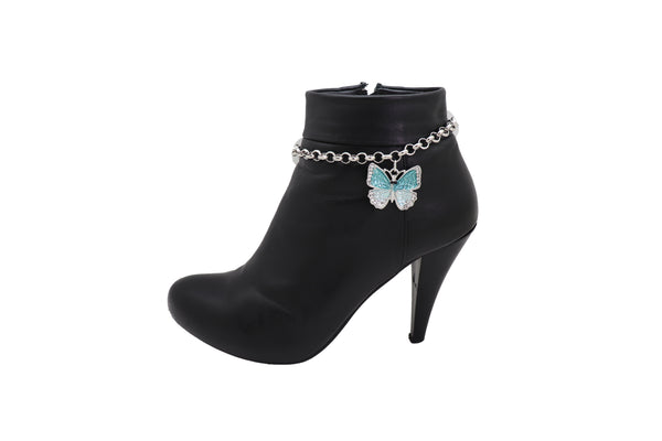 Women Silver Metal Chain Boot Bracelet Shoe Charm Jewelry Blue Butterfly Freedom Cocktail Party