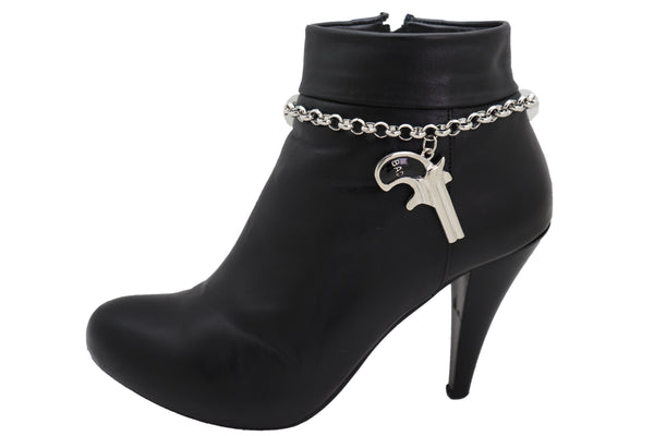 Brand New Women Silver Metal Chain Boot Bracelet Shoe Black Bad Gun Revolver Charm Western