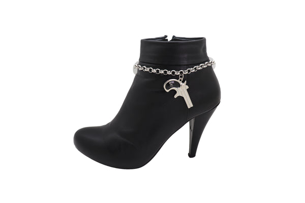 Brand New Women Silver Metal Chain Boot Bracelet Shoe Black Bad Gun Revolver Charm Western