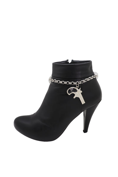 Brand New Women Silver Metal Chain Boot Bracelet Shoe Black Bad Gun Revolver Charm Western