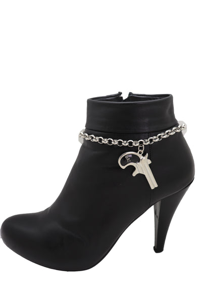 Brand New Women Silver Metal Chain Boot Bracelet Shoe Black Bad Gun Revolver Charm Western