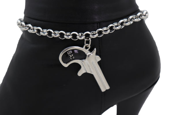 Brand New Women Silver Metal Chain Boot Bracelet Shoe Black Bad Gun Revolver Charm Western