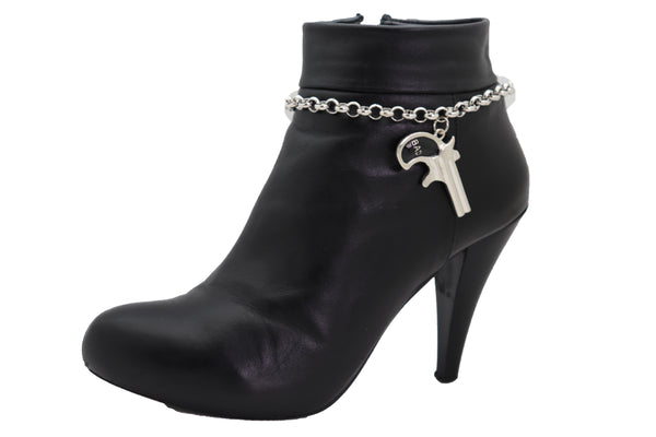 Brand New Women Silver Metal Chain Boot Bracelet Shoe Black Bad Gun Revolver Charm Western