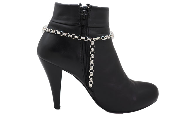 Brand New Women Silver Metal Chain Boot Bracelet Shoe Black Bad Gun Revolver Charm Western