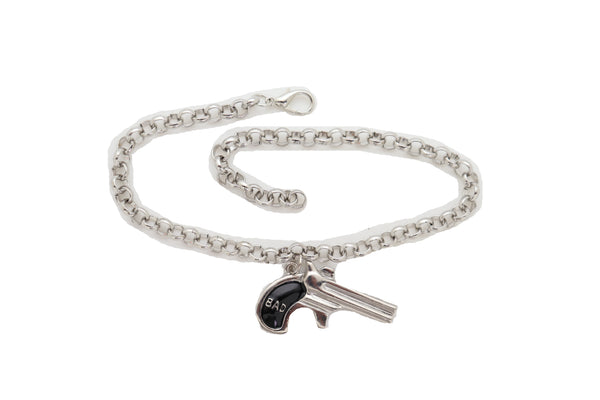 Brand New Women Silver Metal Chain Boot Bracelet Shoe Black Bad Gun Revolver Charm Western